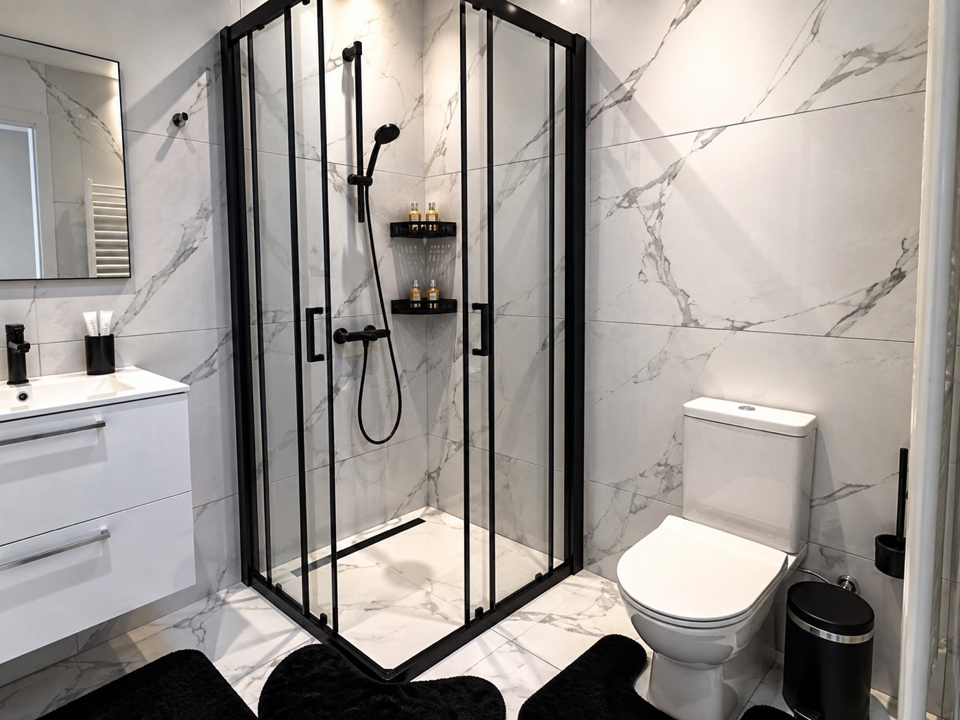 Modern marble bathroom with walk-in shower
